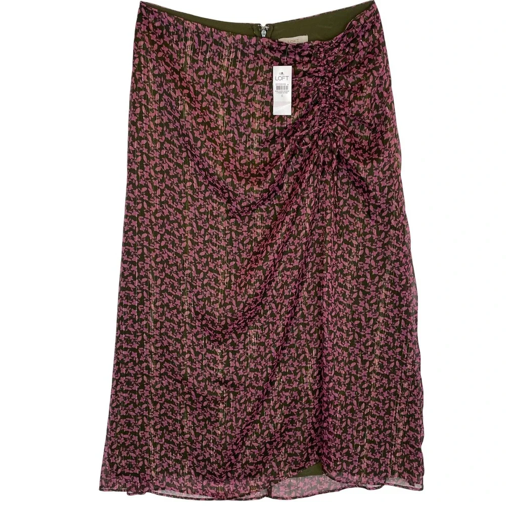 LOFT Skirt Women's Size 6 Pink Floral Ruched Sheer Lined Midi Career Casual - Picture 1 of 6
